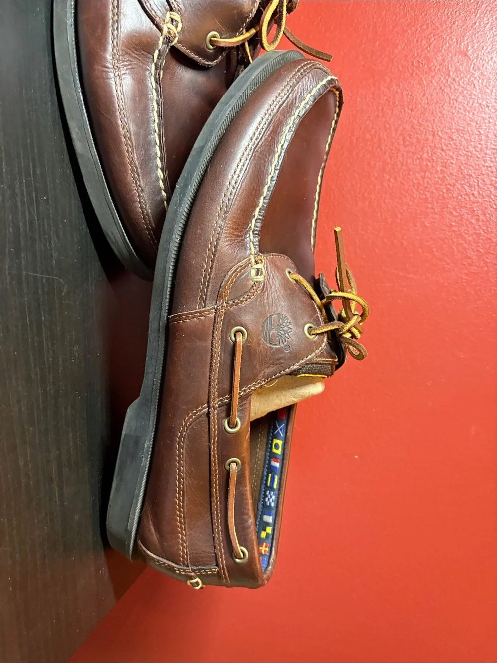 Timberland Brown Leather Boat Shoes with Yellow Laces